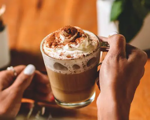 person holding mug with chocolate beverage and cream