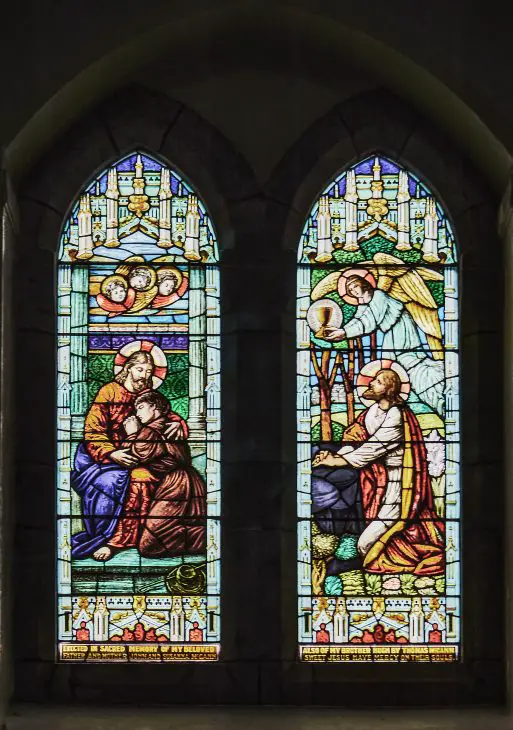 A stained-glass window depicting Jesus at Gethsemane (Matthew 26:39) praying for the cup to pass from him (Sep., 2020).