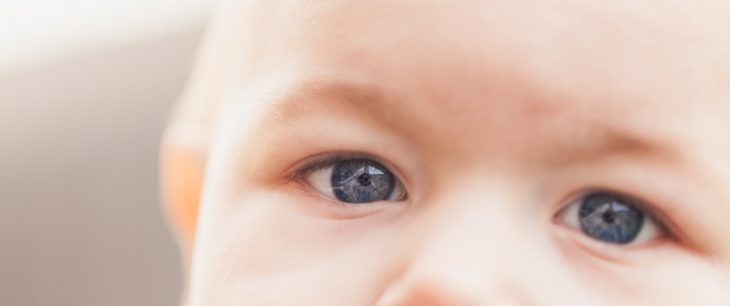 Baby face with light brows and blue eyes